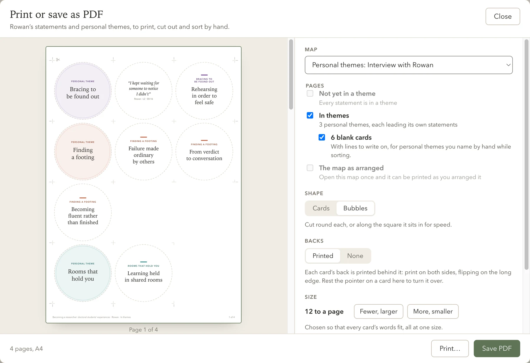 A map’s pages ready to print in QualBuddy: statements as bubbles with shared cut lines, each theme leading its own, and one bubble turned over to show the participant’s words on its back.