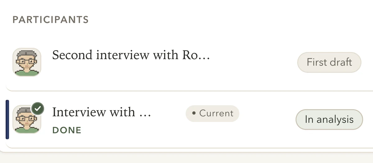 An interview on a study’s Overview with a small Done seal on the participant’s picture.