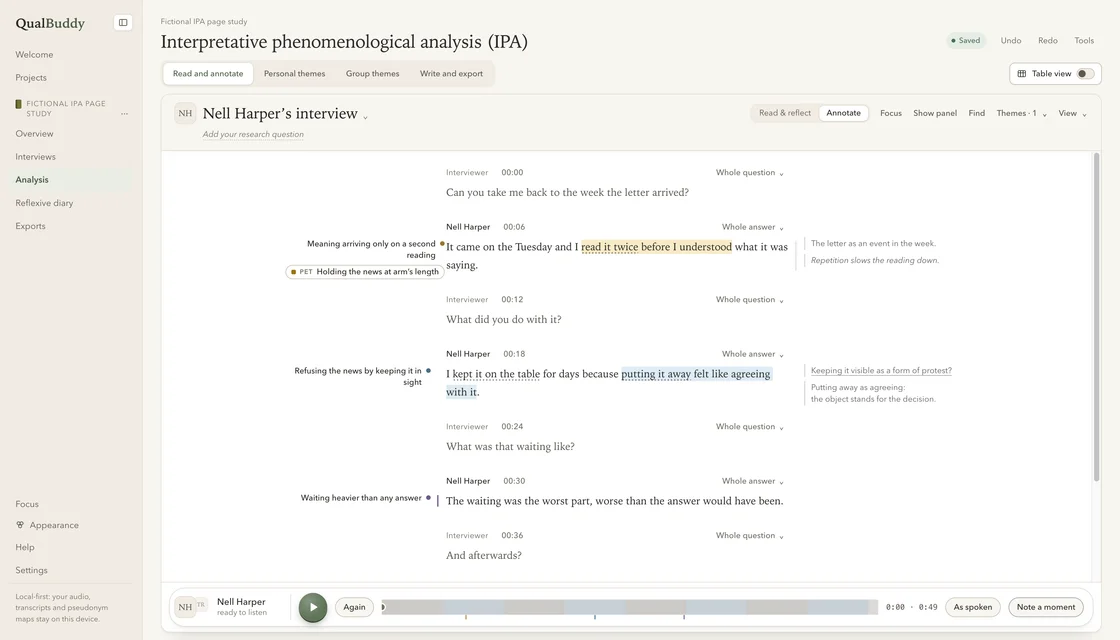 QualBuddy IPA workspace with a fictional interview beside descriptive, linguistic and conceptual notes and an experiential statement.