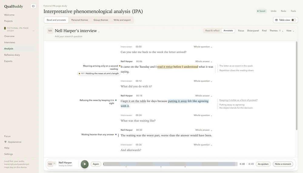 QualBuddy’s IPA workspace, with the fictional Nell Harper interview between linked experiential statements and exploratory notes.