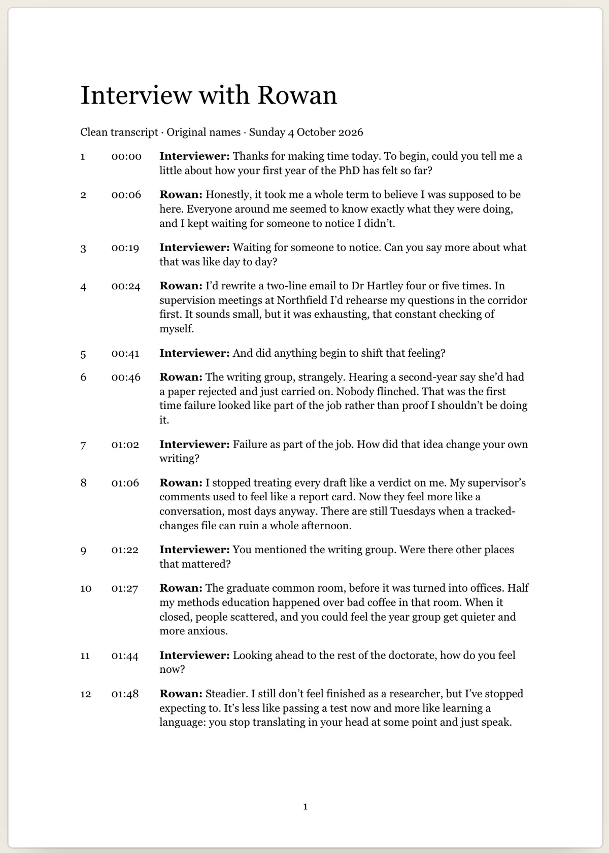The same transcript in plain pages: a title and one line of details, then a paragraph for each turn.