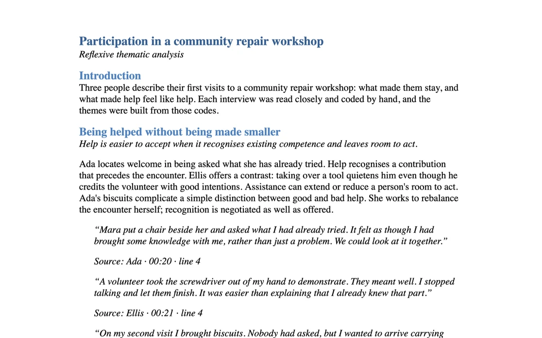 The first page of findings exported from QualBuddy to Word, with quotations and their sources.