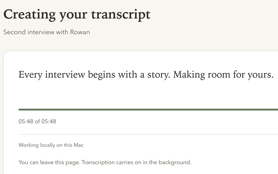 QualBuddy transcribing an example interview locally on a computer.