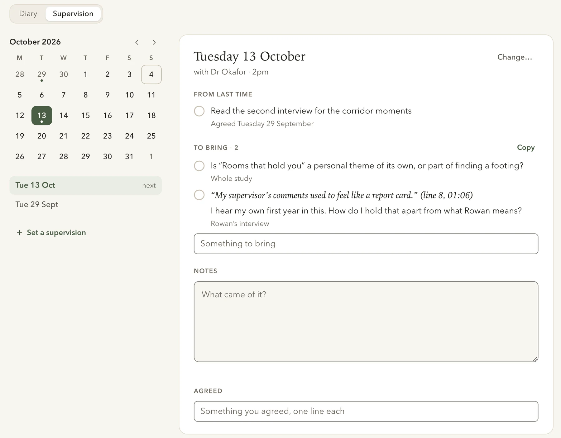 QualBuddy’s Supervision view: a month calendar with the next supervision marked, and that supervision’s page with what was agreed last time, two things to bring, space for notes and what is agreed.
